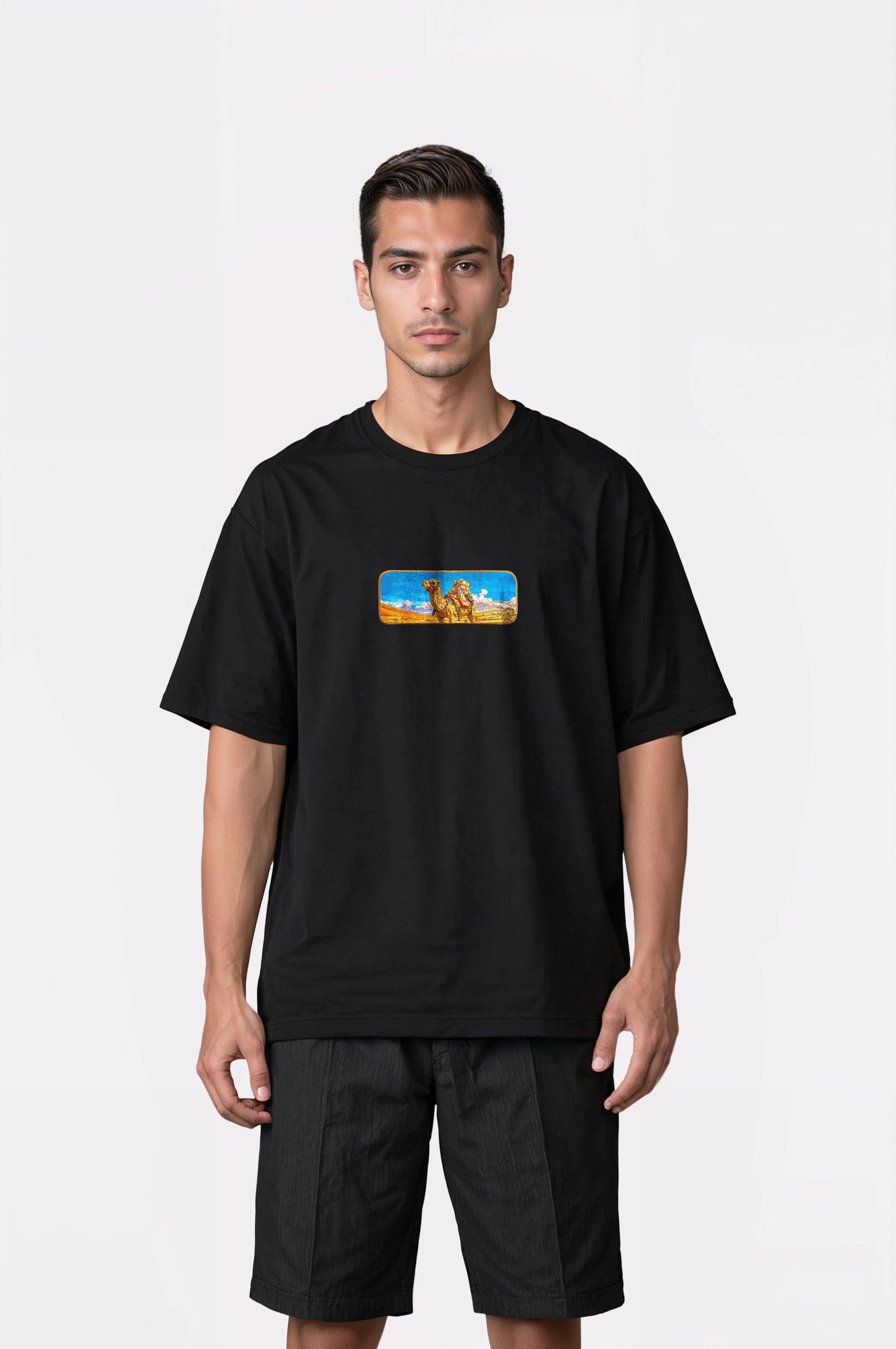 Oversize T-Shirt Camel Kenar Buttom Nakış