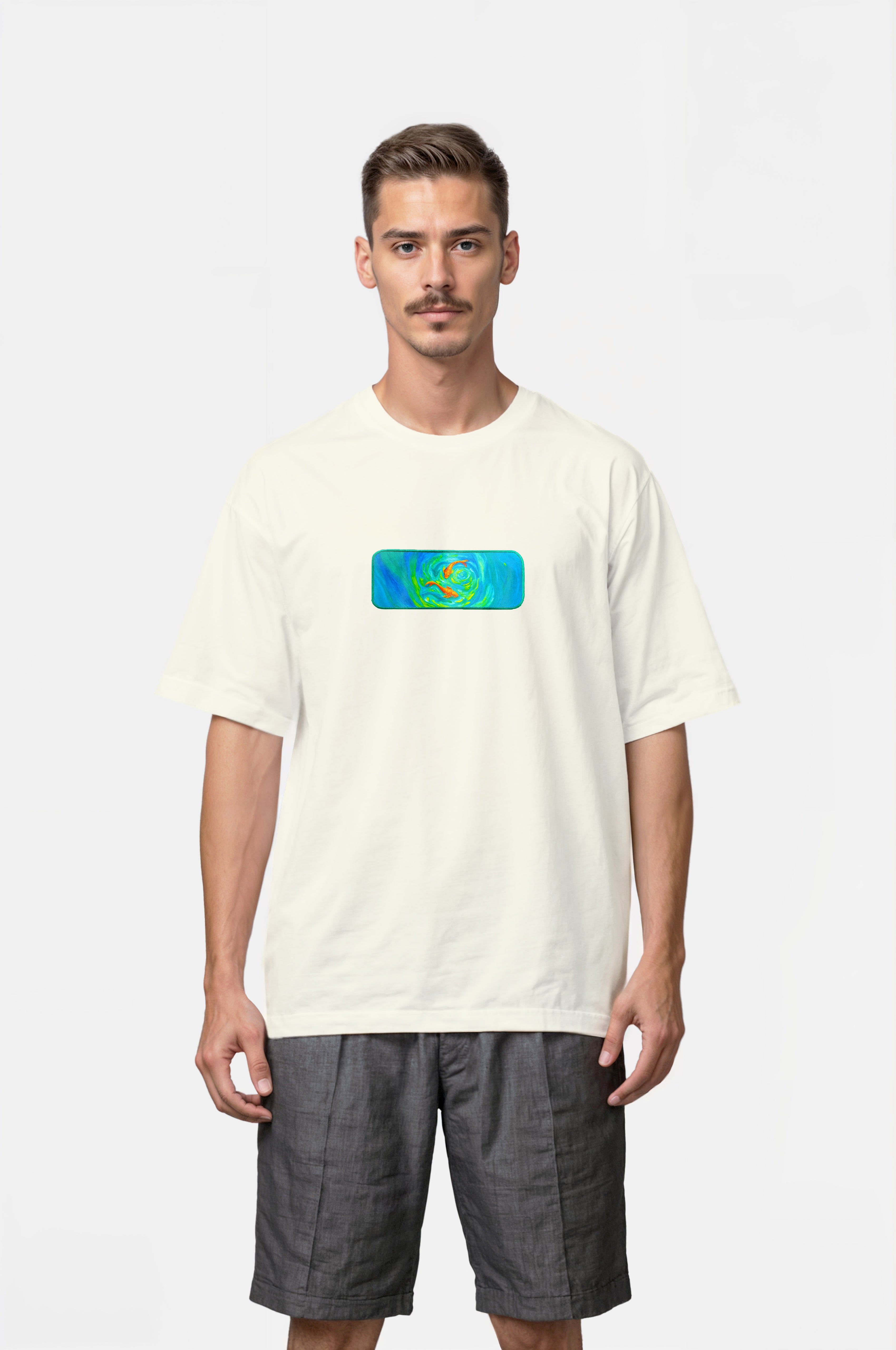 Oversize T-Shirt Three Fish Farm Kenar Buttom Nakış - Loss Buttom