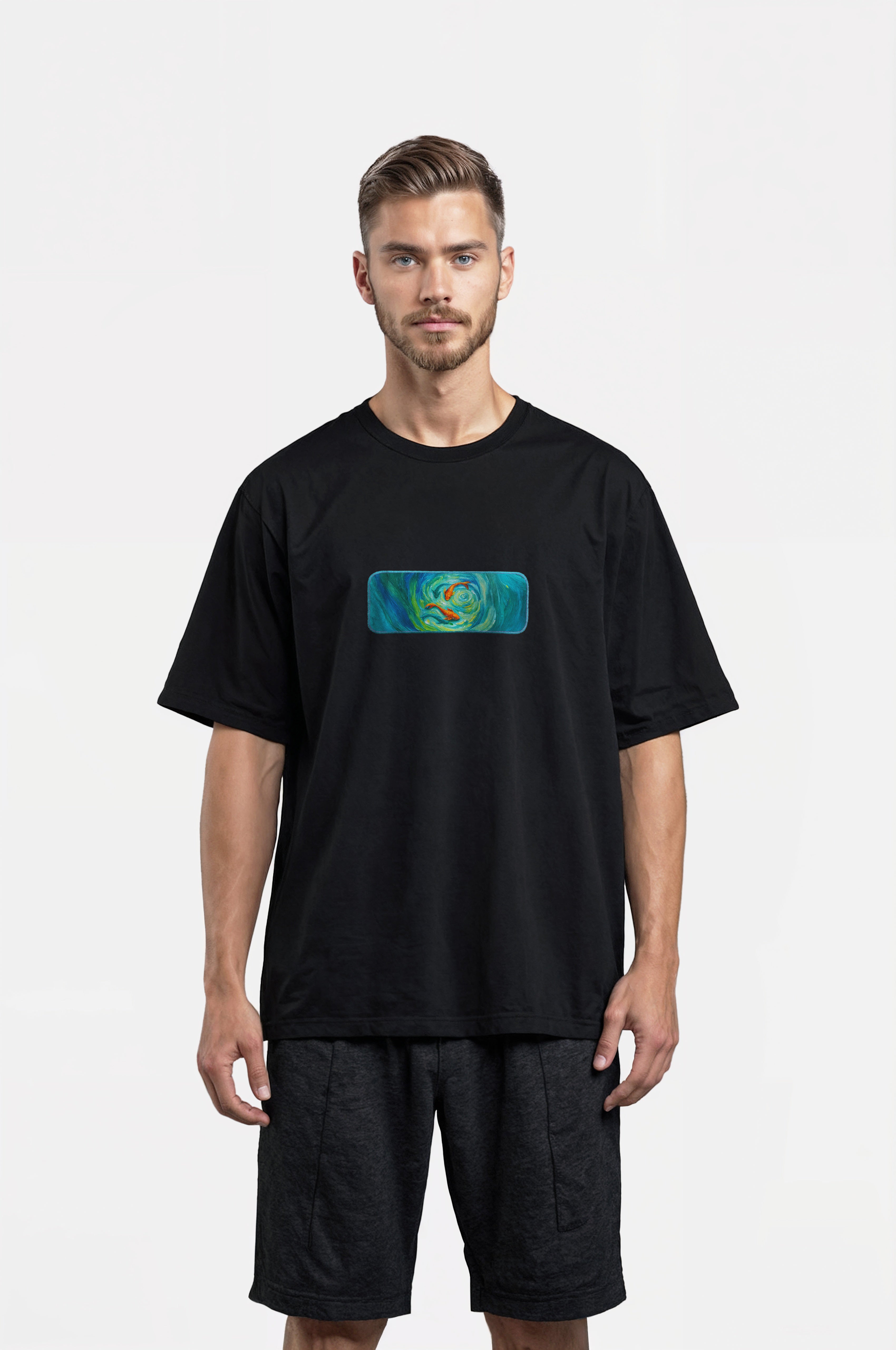 Oversize T-Shirt Three Fish Farm Kenar Buttom Nakış - Loss Buttom