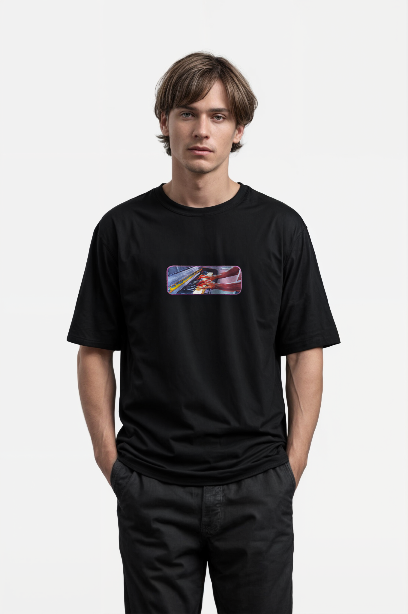 Oversize T-Shirt Piano Kenar Buttom Nakış