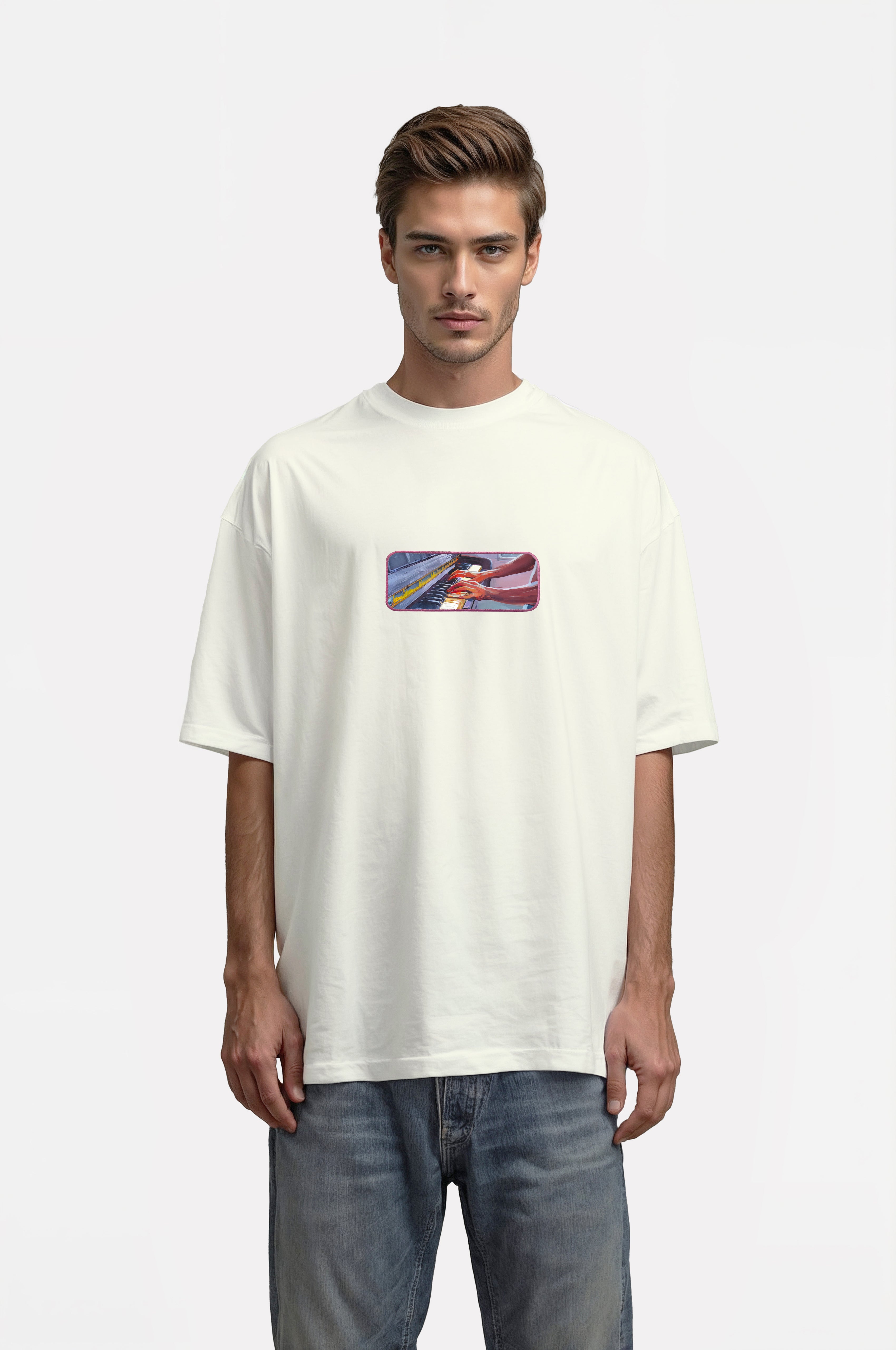 Oversize T-Shirt Piano Kenar Buttom Nakış