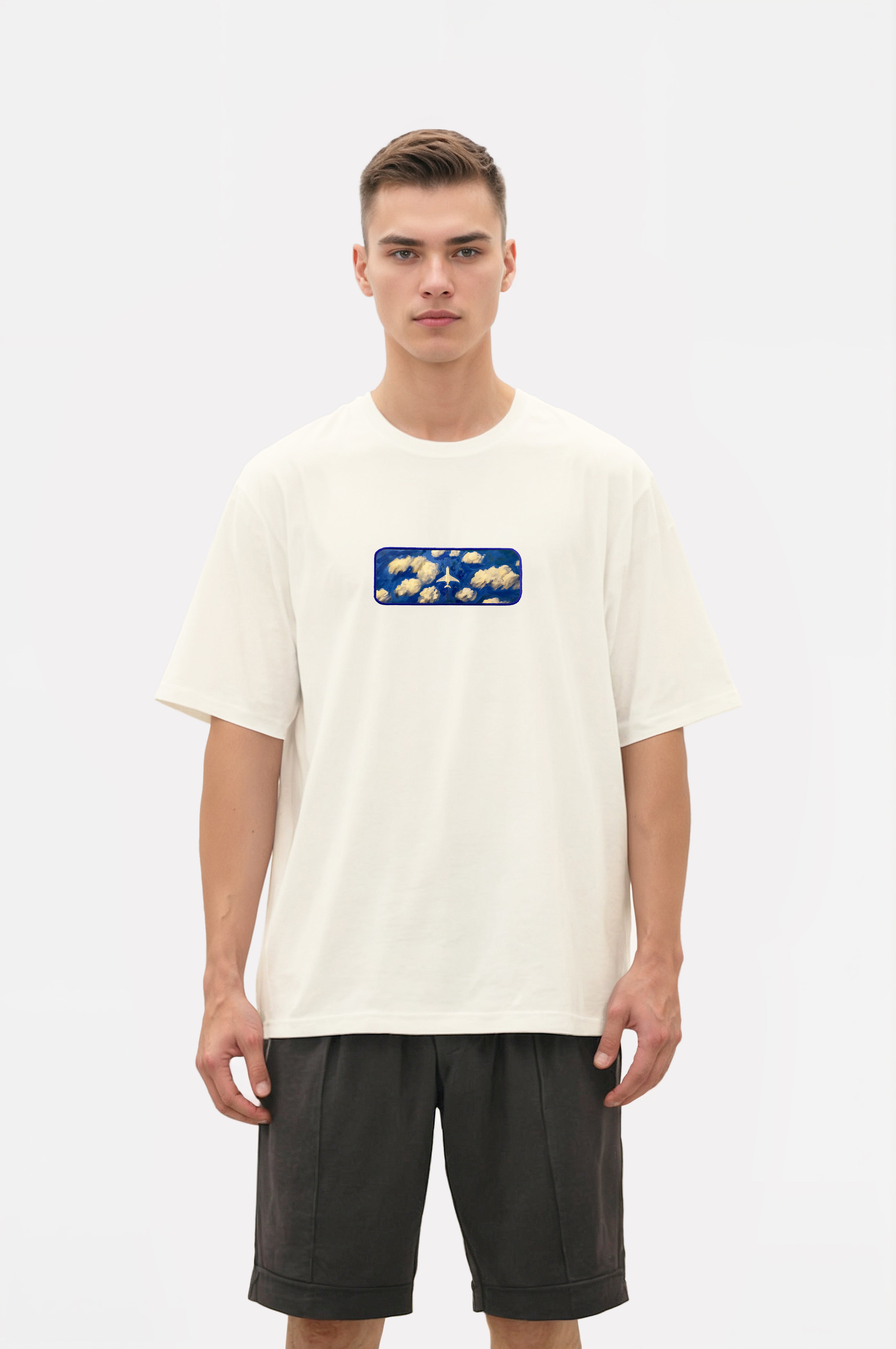 Oversize T-Shirt Plane Maldives Buttom Kenar Nakış
