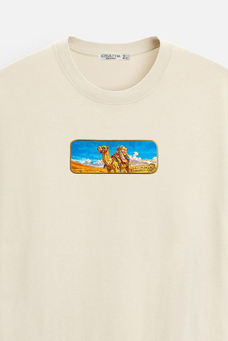 Oversize T-Shirt Camel Kenar Buttom Nakış