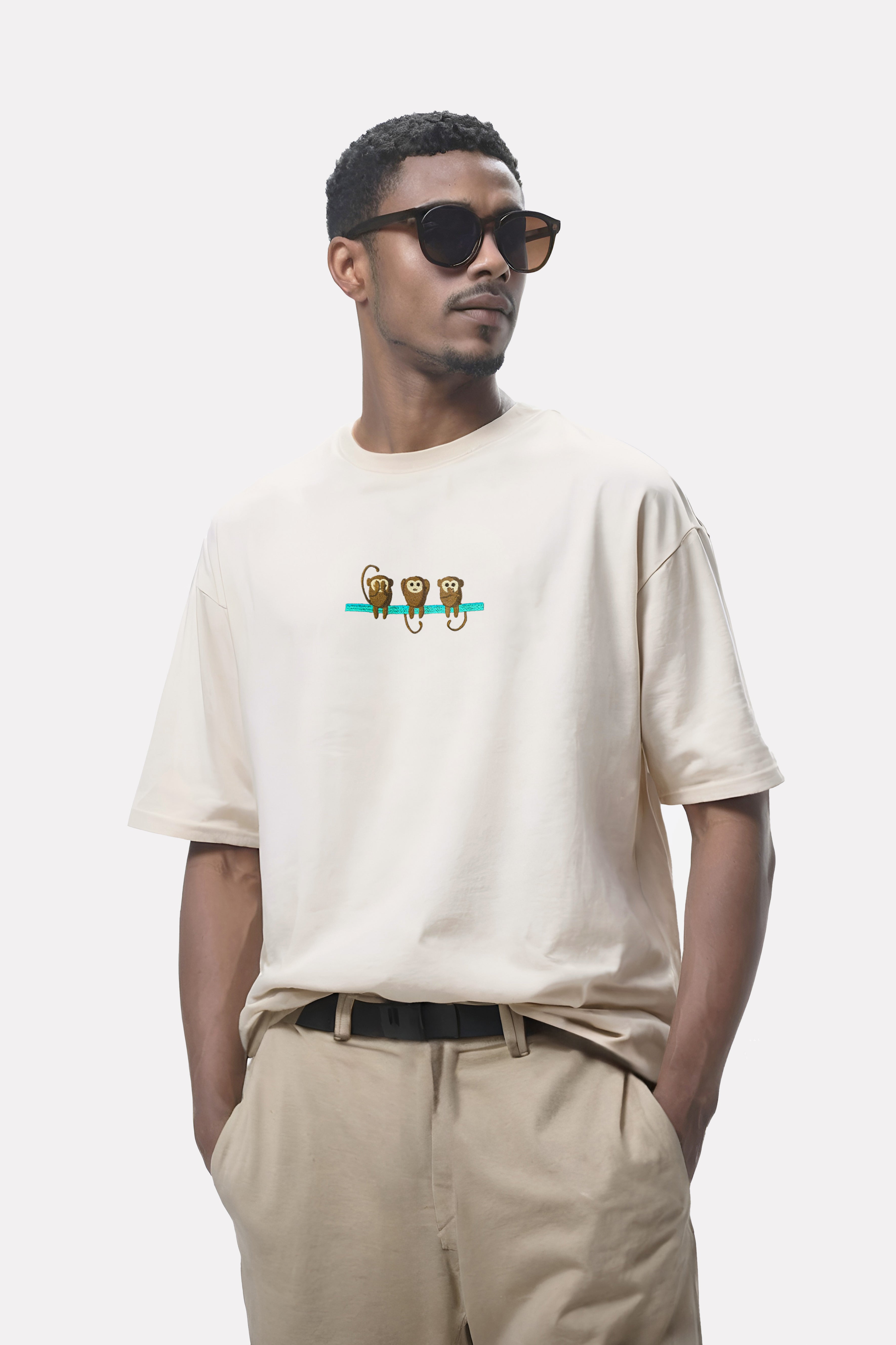 Ağır Kumaş Oversize T-Shirt Three Monkey Nakış