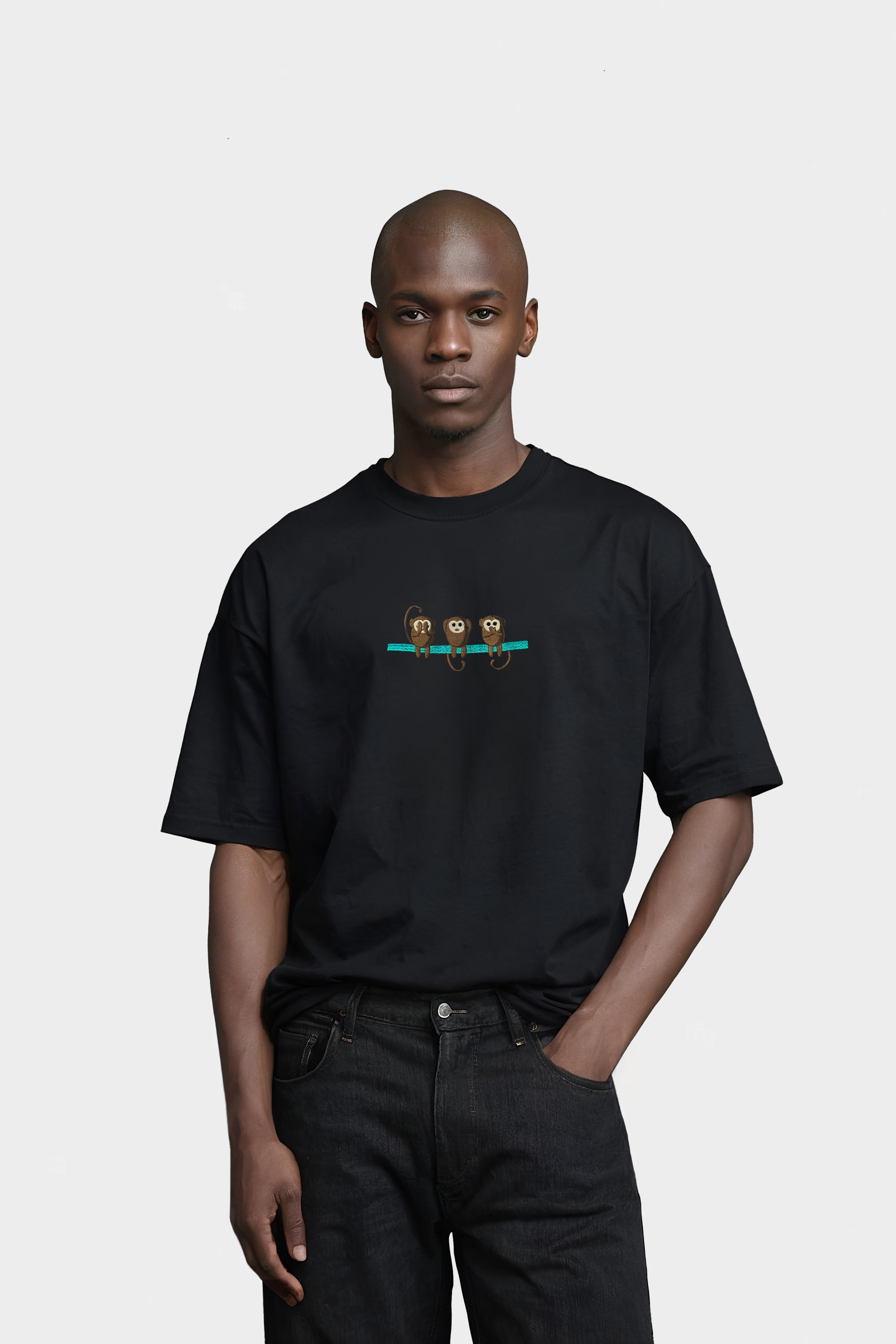 Ağır Kumaş Oversize T-Shirt Three Monkey Nakış