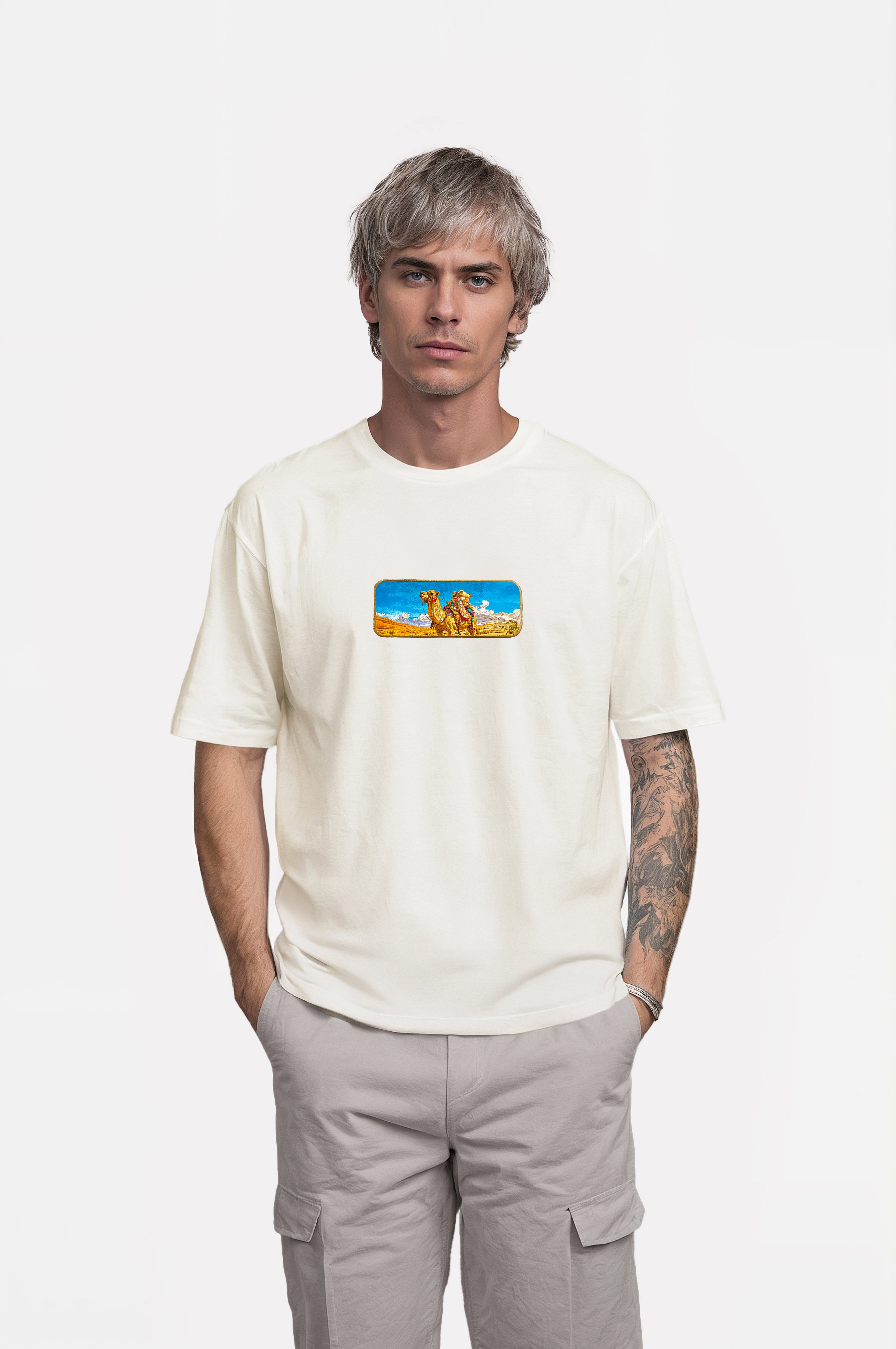 Oversize T-Shirt Camel Kenar Buttom Nakış